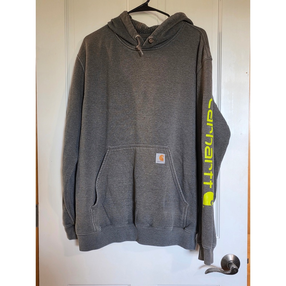 Carhartt Mens Original Fit Hoodie Charcoal Gray Neon Yellow Sleeve Logo Large